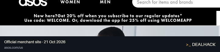Screenshot of ASOS's website on Oct 21, 2026 showing the "Get 20% Off Your First ASOS Order Over $50" offer