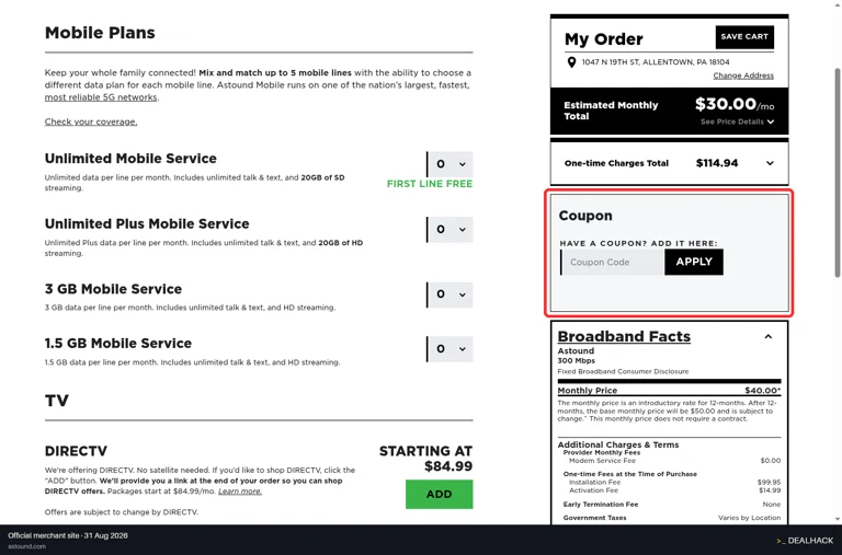 Astound Broadband checkout page showing the Coupon Code field and Apply button