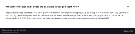 Screenshot of Astound Broadband's website on Oct 20, 2026 showing the "Get Free Professional Installation on Most Plans" offer