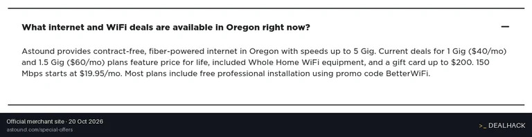 Screenshot of Astound Broadband's website on Oct 20, 2026 showing the "Get Free Professional Installation on Most Plans" offer