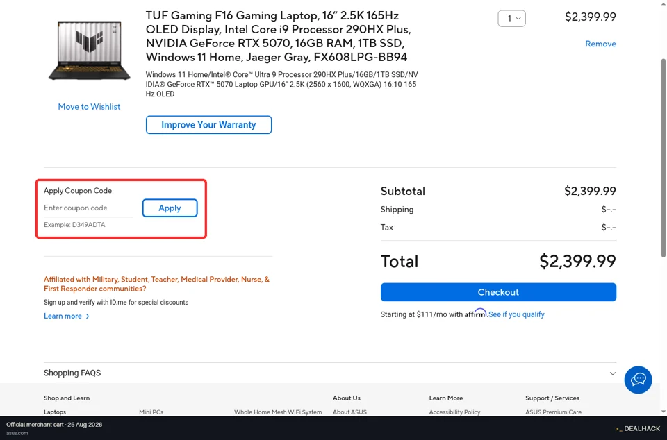 ASUS checkout page showing the Enter coupon code field and Apply button