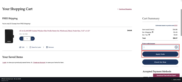 AT-A-GLANCE checkout page showing the Enter code/coupon field and Apply Code button