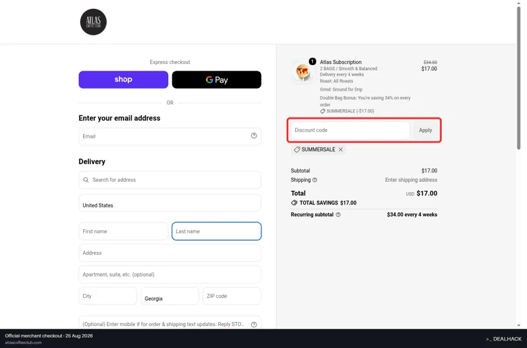 Atlas Coffee Club checkout page showing the Discount code field and Apply button