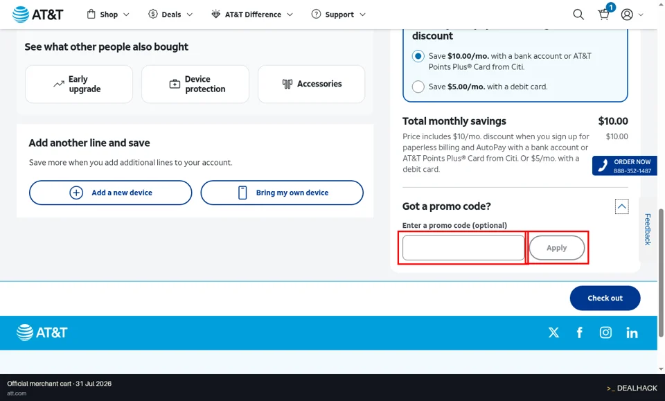 AT&T Wireless checkout page showing the Enter a promo code (optional) field and Apply button