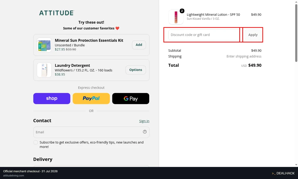 Attitude Living checkout page showing the Discount code or gift card field and Apply button