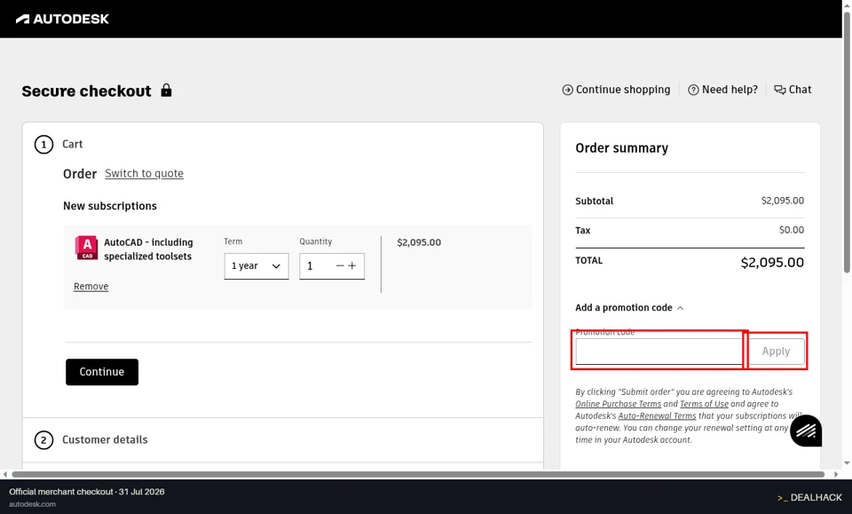 Autodesk checkout page showing the Promotion code field and Apply button