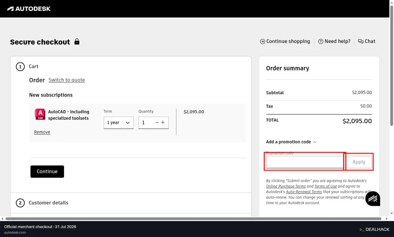 Autodesk checkout page showing the Promotion code field and Apply button