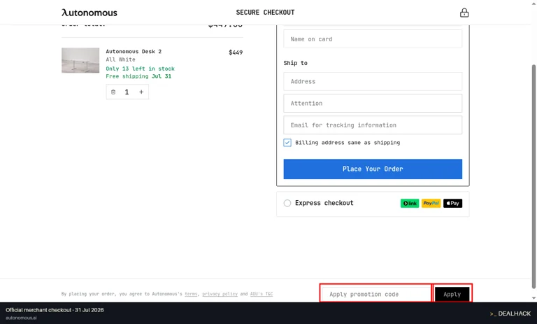 Autonomous checkout page showing the Apply promotion code field and Apply button