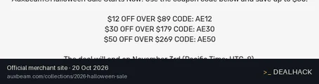 Screenshot of Auxbeam's website on Oct 20, 2026 showing the "$12 Off Orders Over $89 at Auxbeam" offer