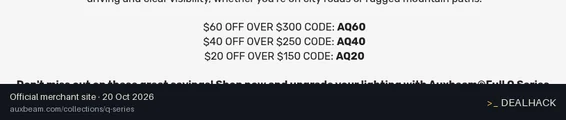Screenshot of Auxbeam's website on Oct 20, 2026 showing the "Save $40 on Full Q Series Orders Over $250" offer
