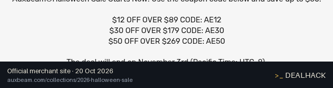 Screenshot of Auxbeam's website on Oct 20, 2026 showing the "$30 Off Orders Over $179 at Auxbeam" offer