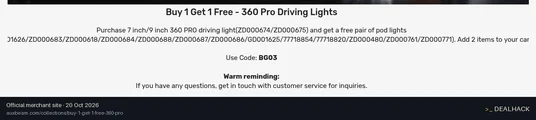 Screenshot of Auxbeam's website on Oct 20, 2026 showing the "Buy 1 Get 1 Free on Select 360 PRO Driving Lights" offer