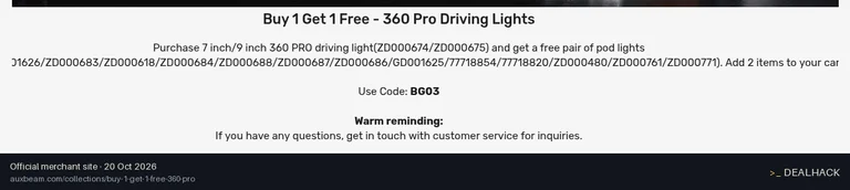 Screenshot of Auxbeam's website on Oct 20, 2026 showing the "Buy 1 Get 1 Free on Select 360 PRO Driving Lights" offer