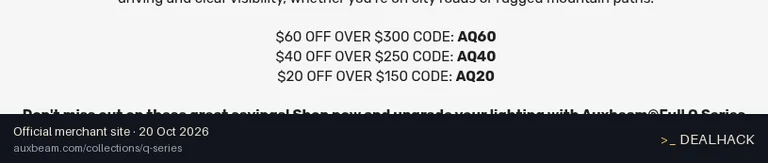 Screenshot of Auxbeam's website on Oct 20, 2026 showing the "Save $20 on Full Q Series Orders Over $150" offer