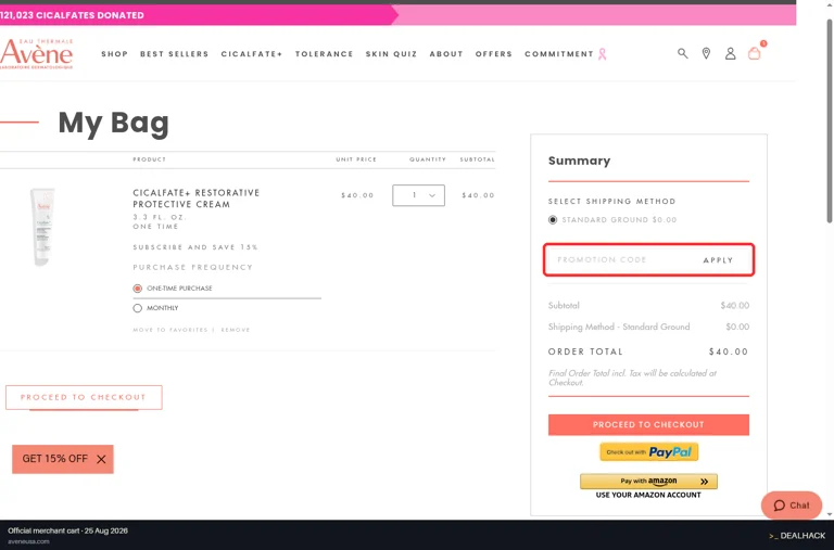 Avène checkout page showing the Promotion Code field and Apply button