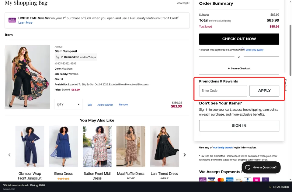 Avenue checkout page showing the Enter Code field and APPLY button