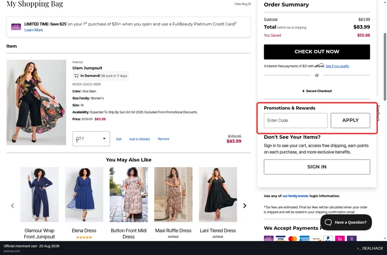 Avenue checkout page showing the Enter Code field and APPLY button