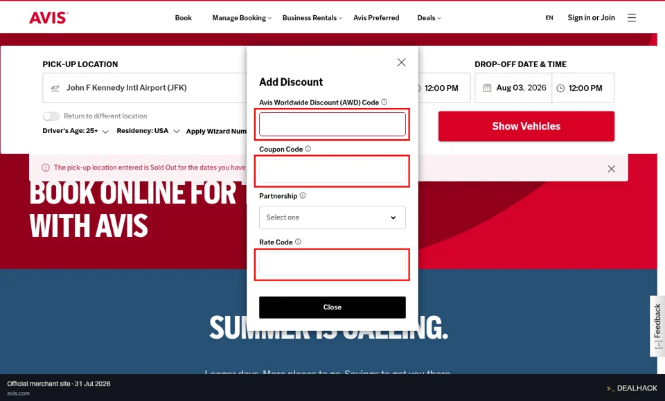 Avis checkout page showing the Coupon Code field and Apply button