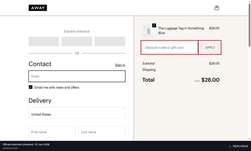 Away checkout page showing the Discount code or gift card field and Apply button
