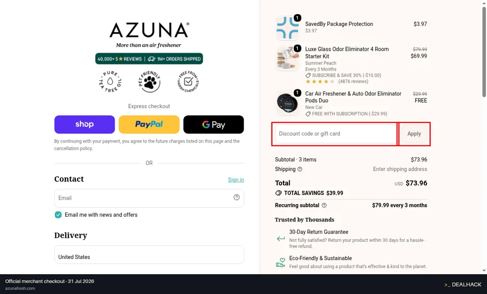 Azuna checkout page showing the Discount code or gift card field and Apply button