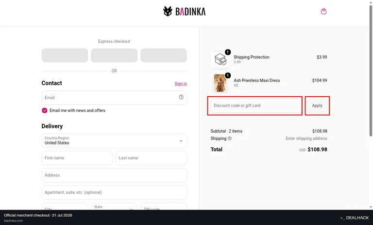 Badinka checkout page showing the Discount code or gift card field and Apply button
