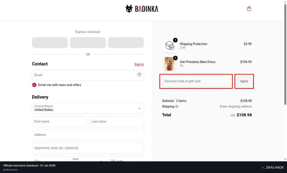 Badinka checkout page showing the Discount code or gift card field and Apply button