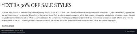 Screenshot of Baggallini's website on Oct 20, 2026 showing the "Get an Extra 30% Off Select Sale Colorways" offer