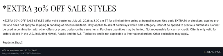 Screenshot of Baggallini's website on Oct 20, 2026 showing the "Get an Extra 30% Off Select Sale Colorways" offer