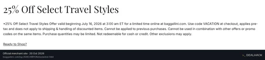 Screenshot of Baggallini's website on Oct 20, 2026 showing the "Save 25% on Select Baggallini Travel Styles" offer