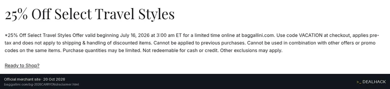 Screenshot of Baggallini's website on Oct 20, 2026 showing the "Save 25% on Select Baggallini Travel Styles" offer