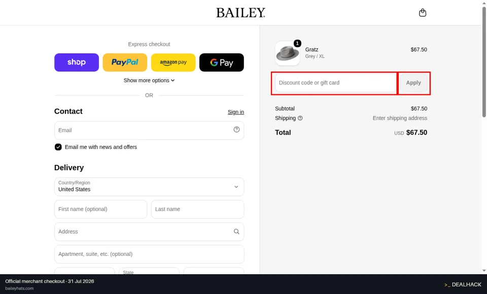 Bailey Hats checkout page showing the Discount code or gift card field and Apply button