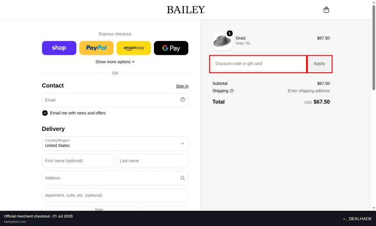 Bailey Hats checkout page showing the Discount code or gift card field and Apply button