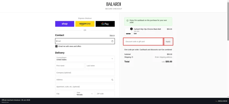 Balardi checkout page showing the Discount code or gift card field and Apply button