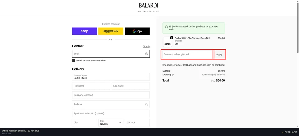 Balardi checkout page showing the Discount code or gift card field and Apply button