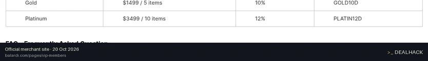Screenshot of Balardi's website on Oct 20, 2026 showing the "Get 12% Off VIP Platinum Orders" offer