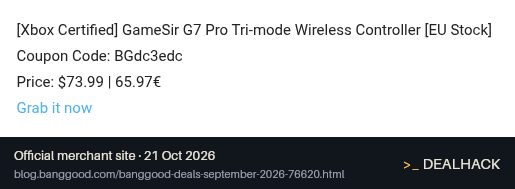 Screenshot of Banggood's website on Oct 21, 2026 showing the "Get the GameSir G7 Pro Controller for $73.99" offer