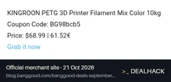 Screenshot of Banggood's website on Oct 21, 2026 showing the "Get KINGROON PETG 10kg Filament Mix for $68.99" offer