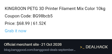 Screenshot of Banggood's website on Oct 21, 2026 showing the "Get KINGROON PETG 10kg Filament Mix for $68.99" offer