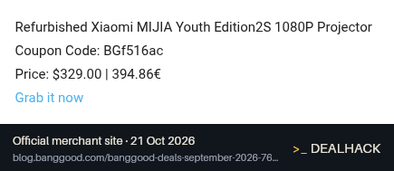 Screenshot of Banggood's website on Oct 21, 2026 showing the "Get the Refurbished Xiaomi MIJIA Projector for $329" offer