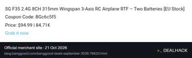 Screenshot of Banggood's website on Oct 21, 2026 showing the "Get the SG F35 RC Airplane for $94.99" offer