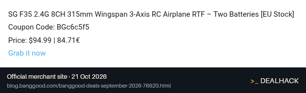 Screenshot of Banggood's website on Oct 21, 2026 showing the "Get the SG F35 RC Airplane for $94.99" offer