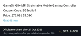 Screenshot of Banggood's website on Oct 21, 2026 showing the "Get the GameSir G8+ Mobile Controller for $72.99" offer