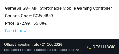 Screenshot of Banggood's website on Oct 21, 2026 showing the "Get the GameSir G8+ Mobile Controller for $72.99" offer
