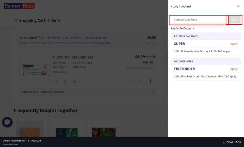 BannerBuzz checkout page showing the Coupon code here field and Apply button