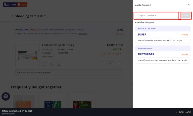 BannerBuzz checkout page showing the Coupon code here field and Apply button