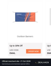 Screenshot of BannerBuzz's website on Oct 21, 2026 showing the "Get Up to 30% Off + a Free Gift on Qualifying Orders" offer