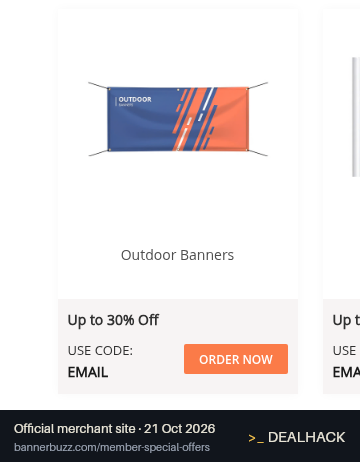 Screenshot of BannerBuzz's website on Oct 21, 2026 showing the "Get Up to 30% Off + a Free Gift on Qualifying Orders" offer