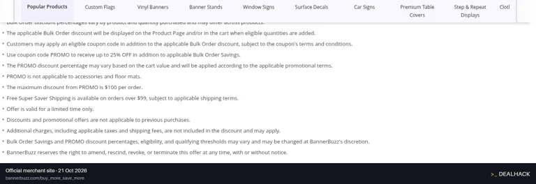 Screenshot of BannerBuzz's website on Oct 21, 2026 showing the "Get Up to 25% Off + Bulk Savings up to 35%" offer