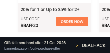 Screenshot of BannerBuzz's website on Oct 21, 2026 showing the "Save Up to 35% When You Buy 2 or More Products" offer