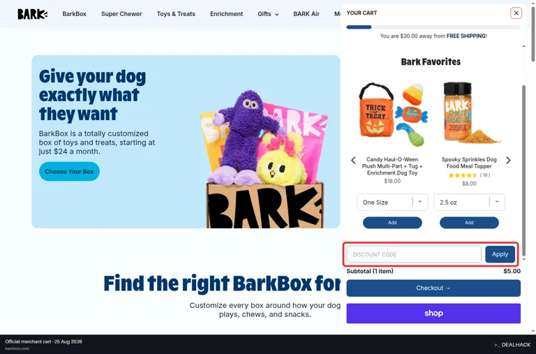 BarkBox checkout page showing the Discount Code field and Apply button